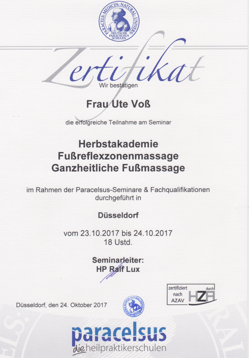 Zertifikat Fußreflexzonenmassage, ganzheitliche Fußmassage